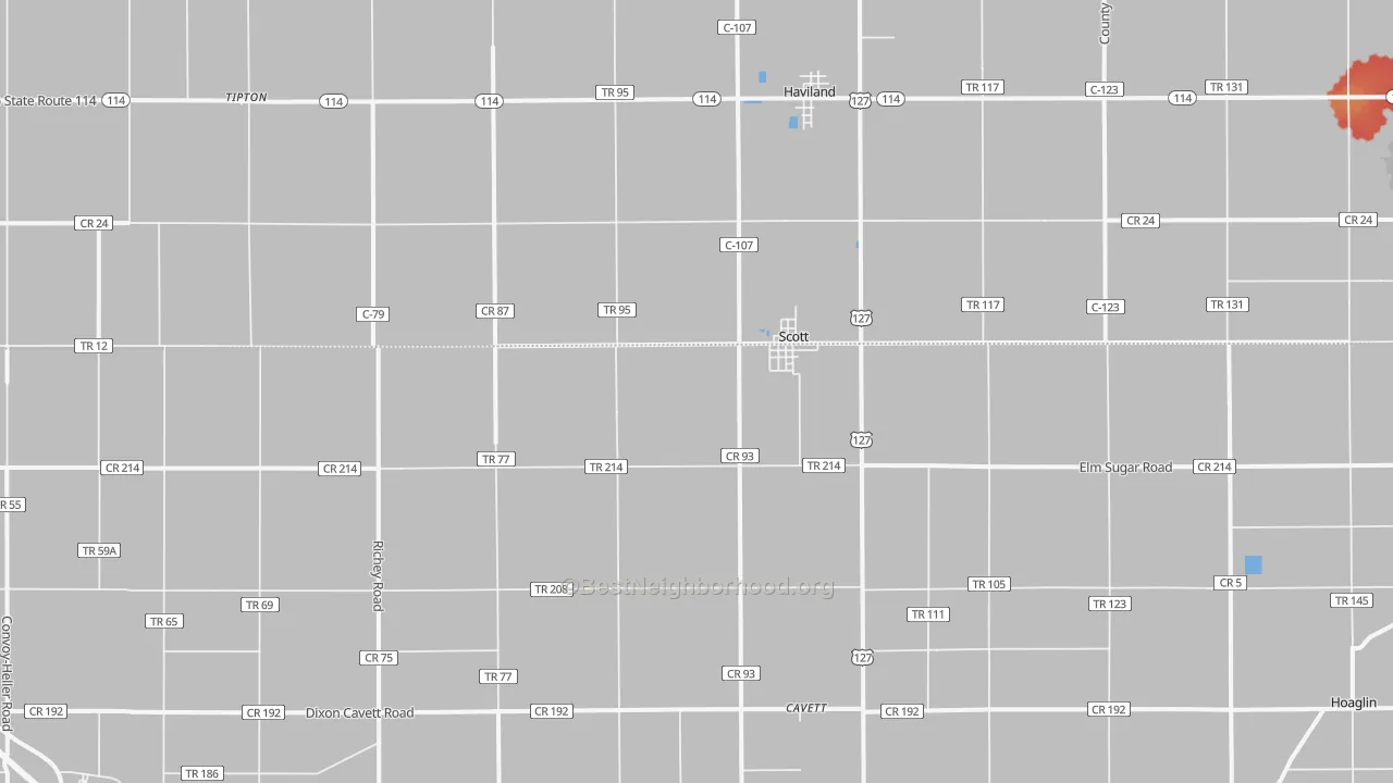 Walk Grade map of Scott, OH, walkable areas in green and car-dependent areas in red