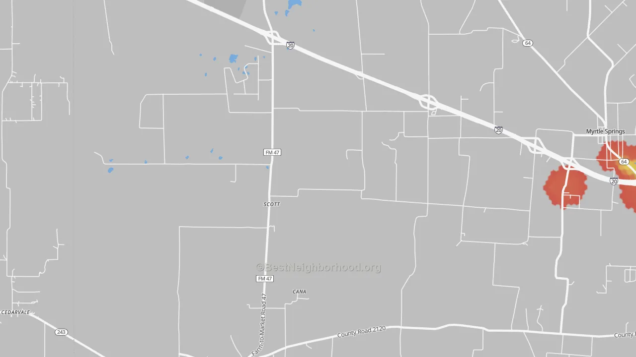 Walk Grade map of Scott, TX, walkable areas in green and car-dependent areas in red