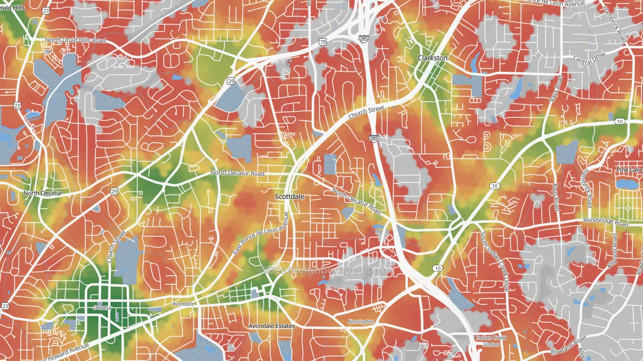Walk Grade map of Scottdale, GA, walkable areas in green and car-dependent areas in red