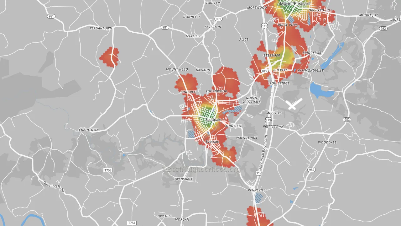 Walk Grade map of Scottdale, PA, walkable areas in green and car-dependent areas in red