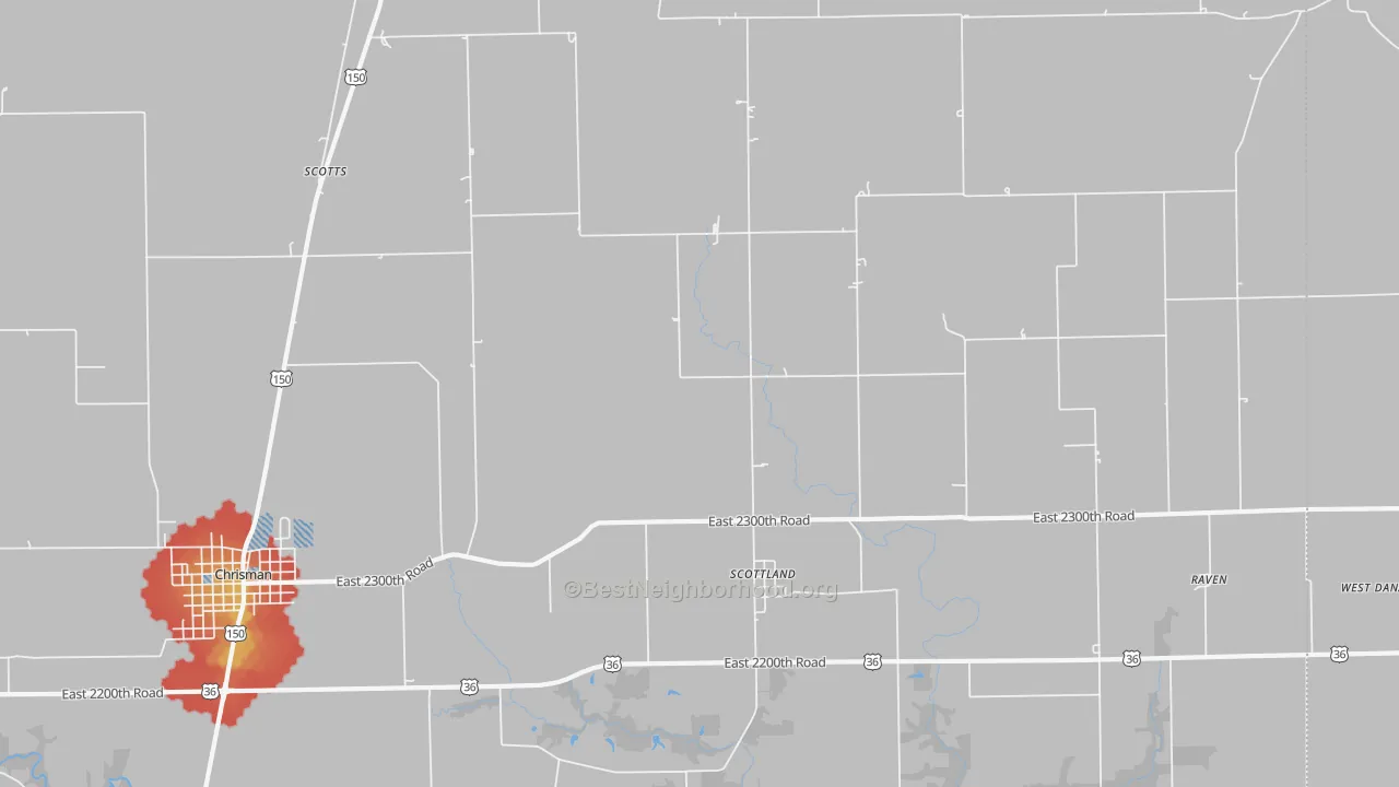Walk Grade map of Scottland, IL, walkable areas in green and car-dependent areas in red