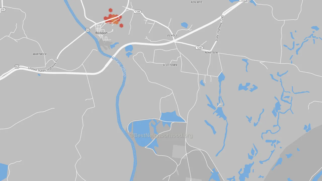 Walk Grade map of Scottown, KY, walkable areas in green and car-dependent areas in red