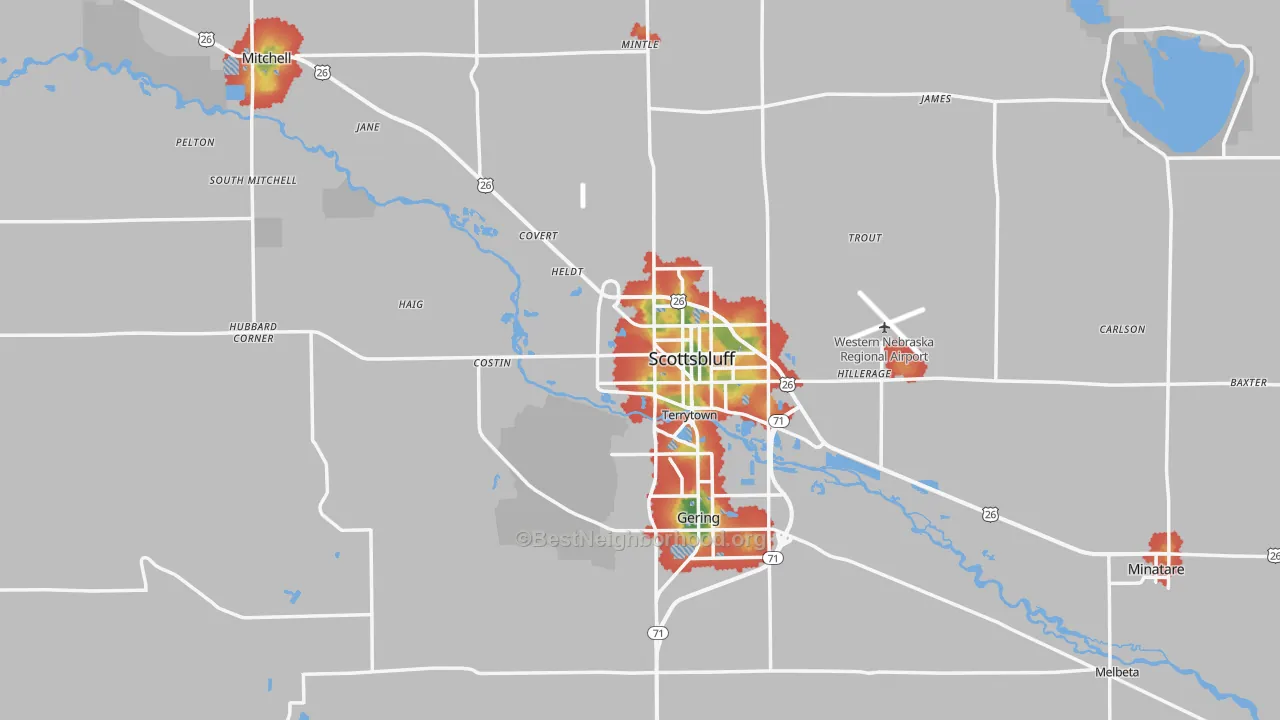 Walk Grade map of Scotts Bluff County, NE, walkable areas in green and car-dependent areas in red