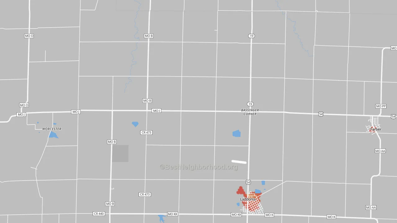 Walk Grade map of Scotts Corner, MO, walkable areas in green and car-dependent areas in red