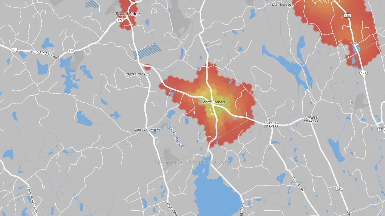 Walk Grade map of Scotts Corners, NY, walkable areas in green and car-dependent areas in red