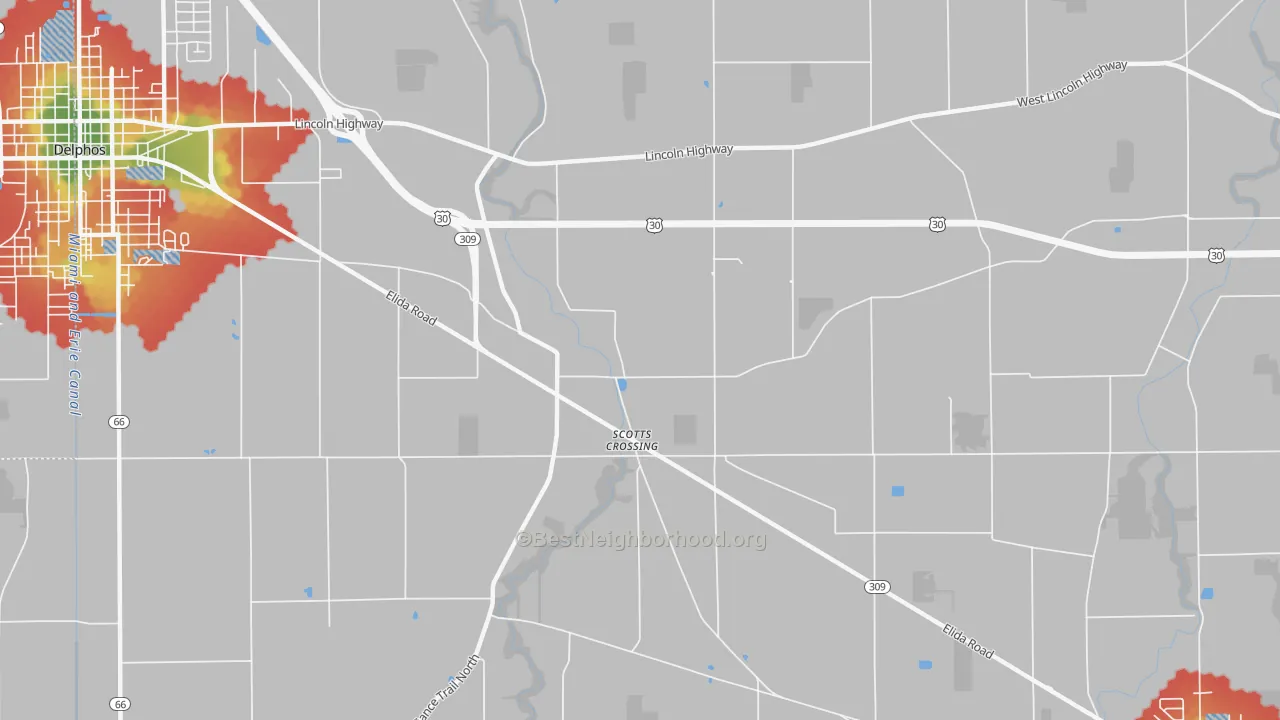 Walk Grade map of Scotts Crossing, OH, walkable areas in green and car-dependent areas in red