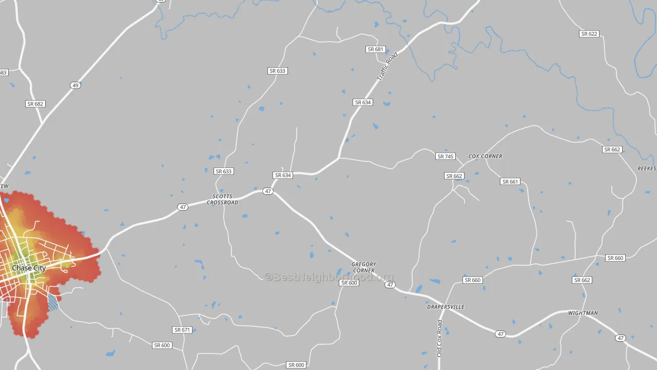 Walk Grade map of Scotts Crossroad, VA, walkable areas in green and car-dependent areas in red