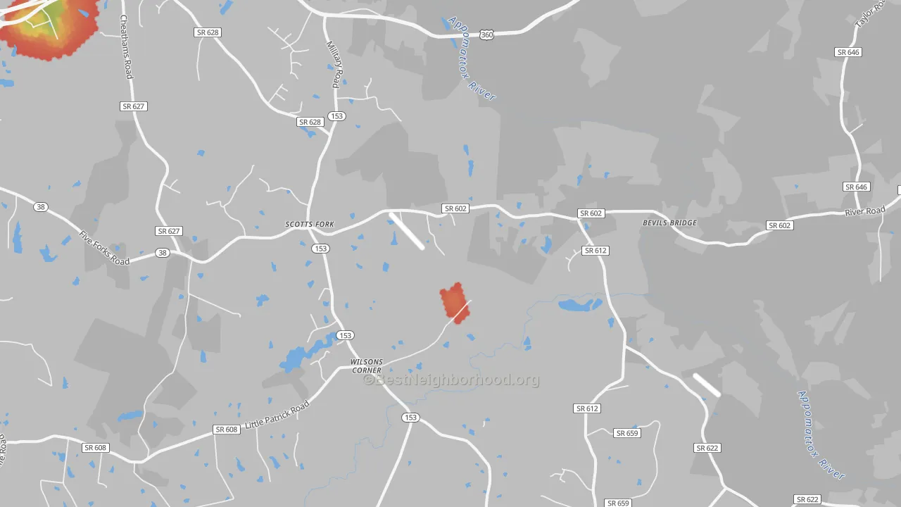Walk Grade map of Scotts Fork, VA, walkable areas in green and car-dependent areas in red