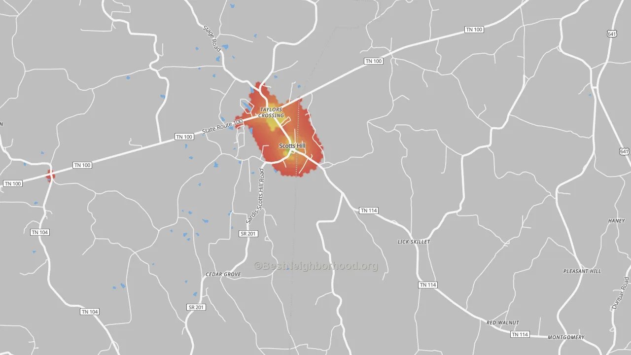 Walk Grade map of Scotts Hill, TN, walkable areas in green and car-dependent areas in red