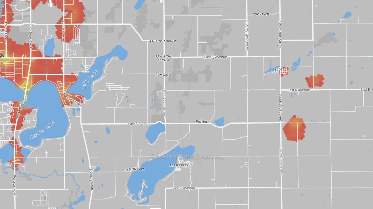 Walk Grade map of Scotts, MI, walkable areas in green and car-dependent areas in red