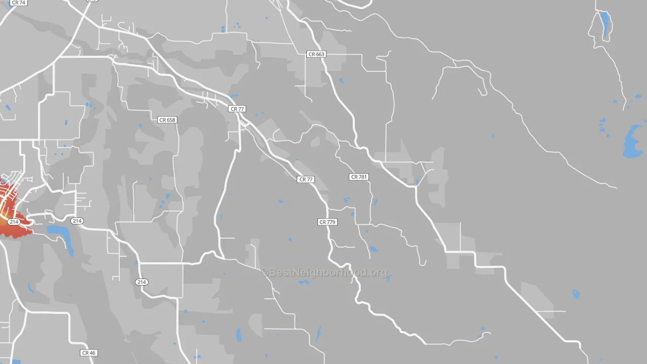 Walk Grade map of Scotts Mills, OR, walkable areas in green and car-dependent areas in red