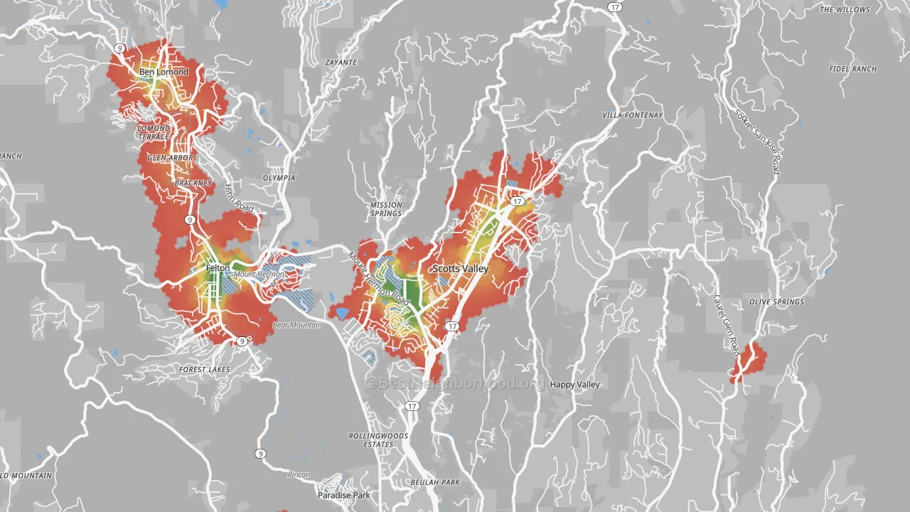 Walk Grade map of Scotts Valley, CA, walkable areas in green and car-dependent areas in red
