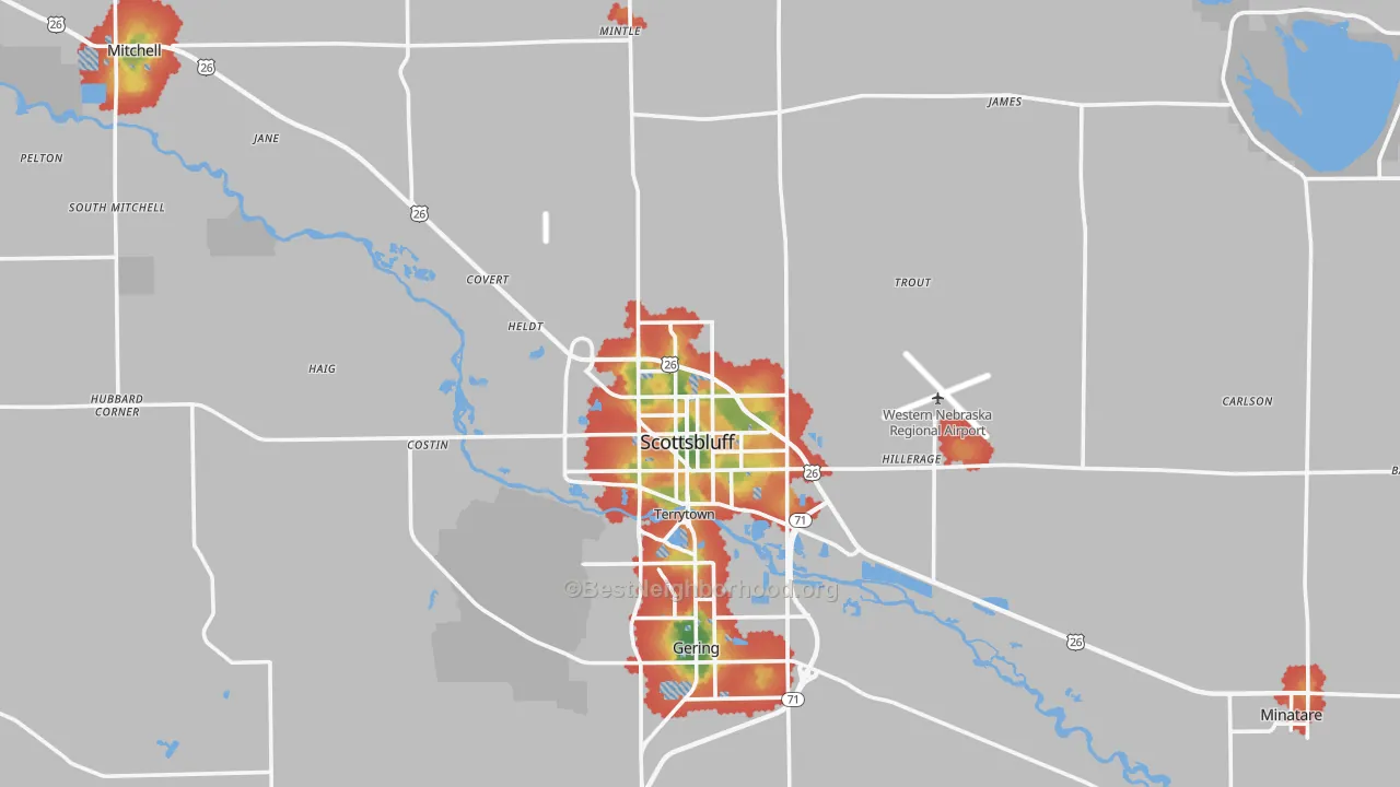 Walk Grade map of Scottsbluff, NE, walkable areas in green and car-dependent areas in red