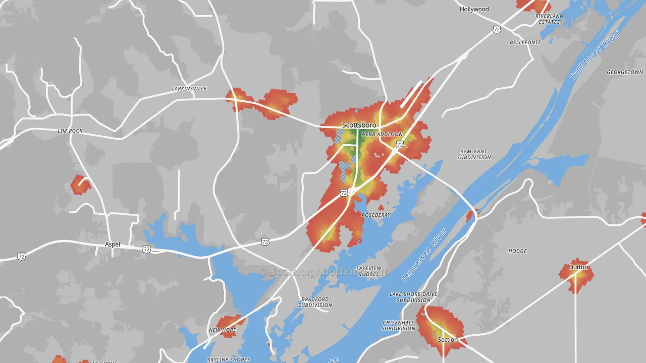 Walk Grade map of Scottsboro, AL, walkable areas in green and car-dependent areas in red