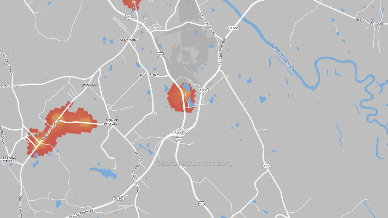 Walk Grade map of Scottsboro, GA, walkable areas in green and car-dependent areas in red