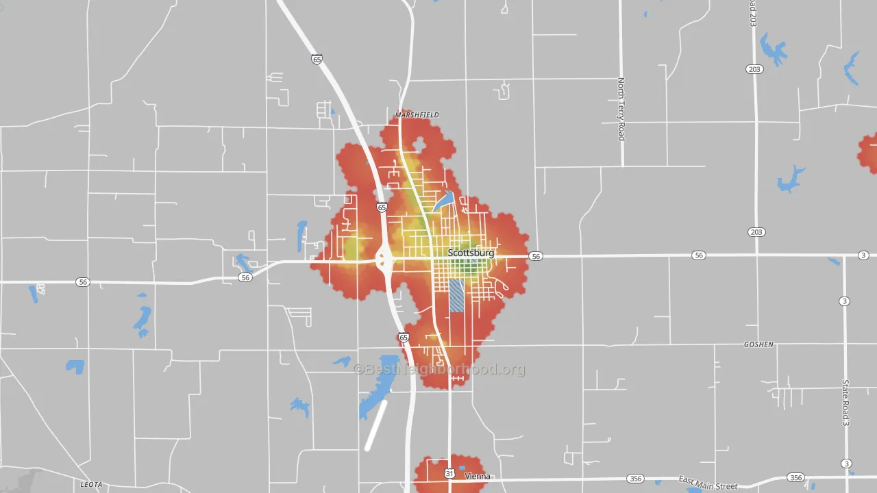 Walk Grade map of Scottsburg, IN, walkable areas in green and car-dependent areas in red