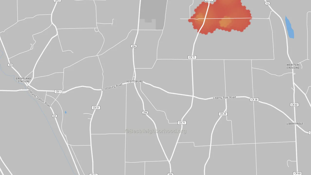 Walk Grade map of Scottsburg, NY, walkable areas in green and car-dependent areas in red