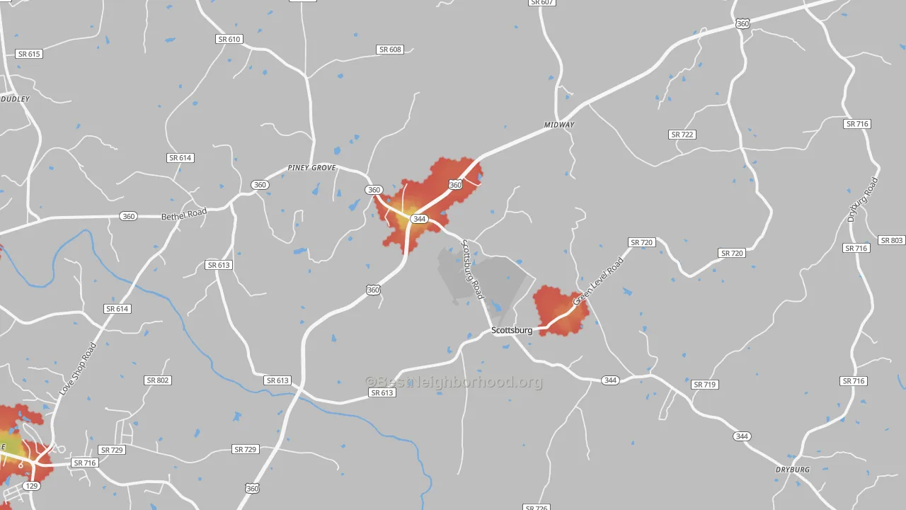 Walk Grade map of Scottsburg, VA, walkable areas in green and car-dependent areas in red