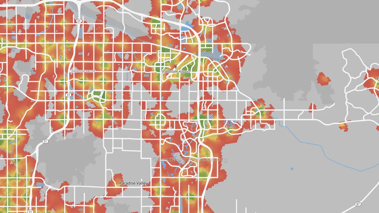 Walk Grade map of Scottsdale, AZ, walkable areas in green and car-dependent areas in red