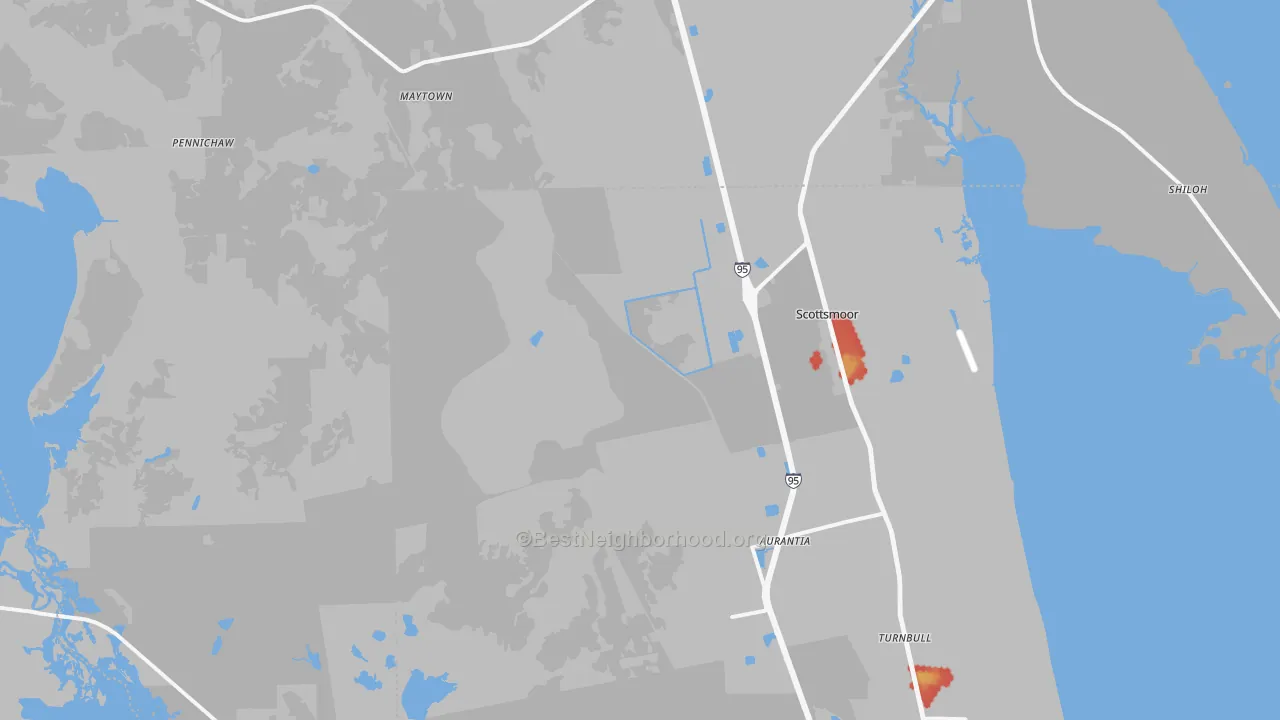 Walk Grade map of Scottsmoor, FL, walkable areas in green and car-dependent areas in red