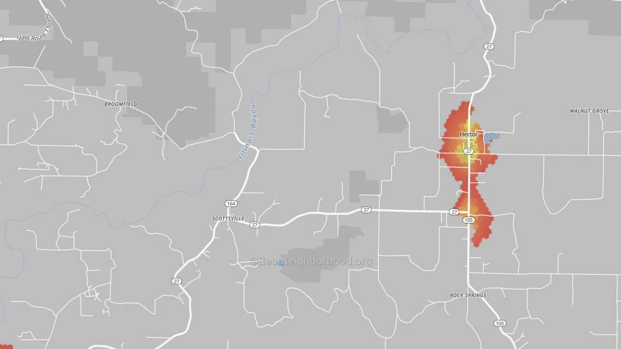 Walk Grade map of Scottsville, AR, walkable areas in green and car-dependent areas in red