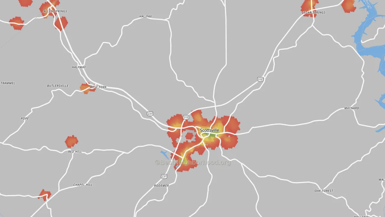 Walk Grade map of Scottsville, KY, walkable areas in green and car-dependent areas in red