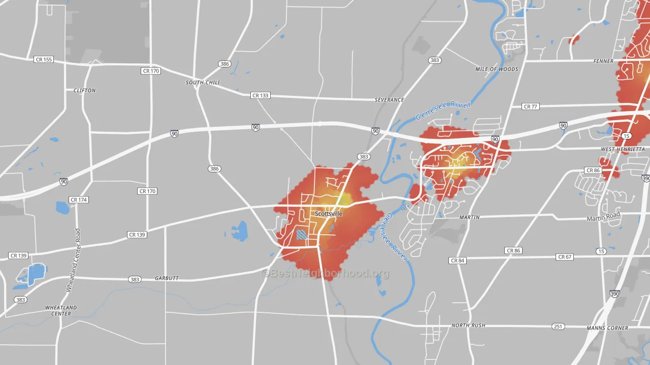 Walk Grade map of Scottsville, NY, walkable areas in green and car-dependent areas in red