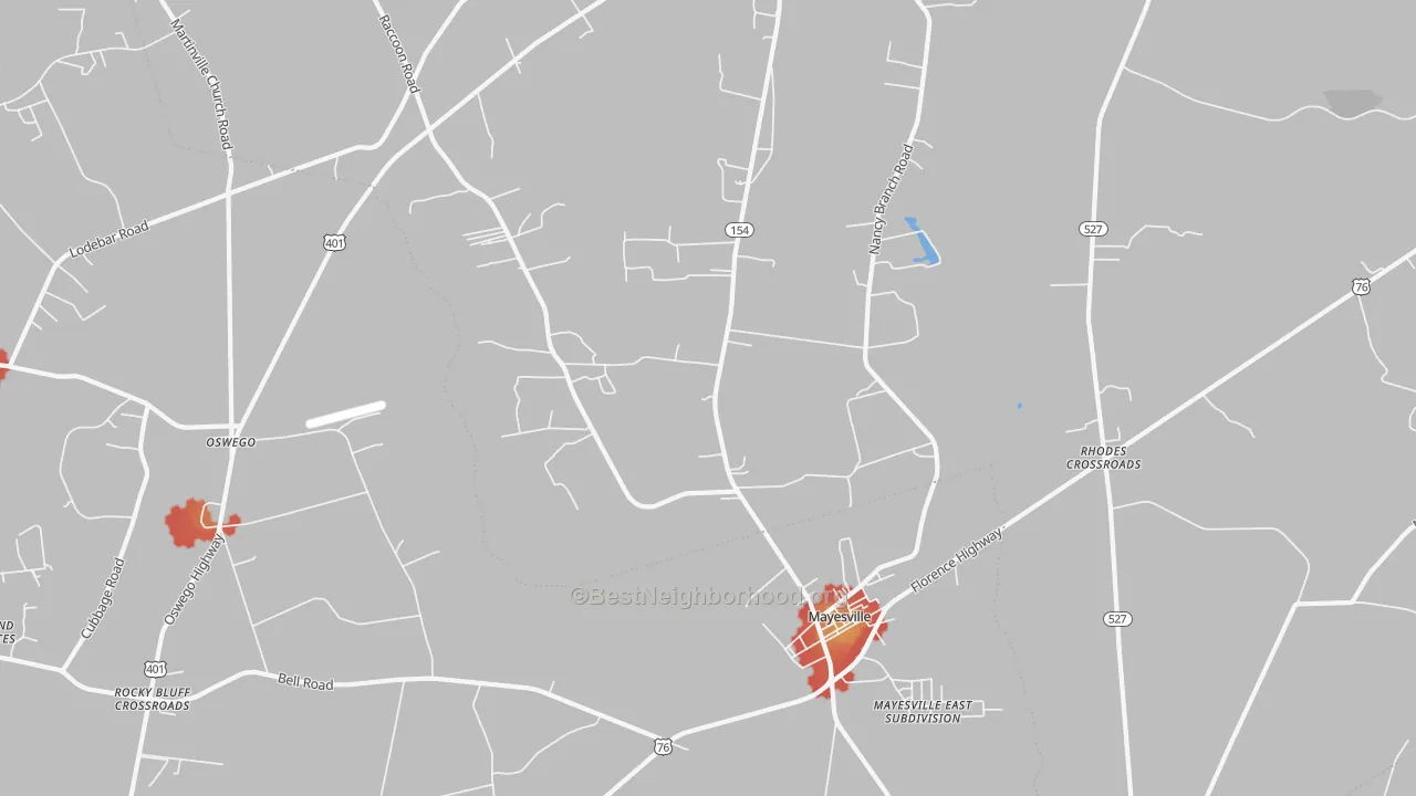 Walk Grade map of Scottsville, SC, walkable areas in green and car-dependent areas in red