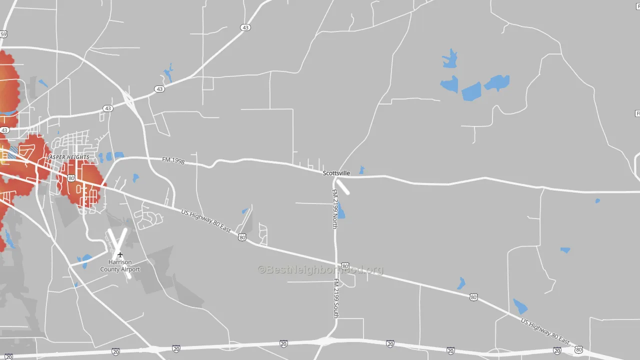 Walk Grade map of Scottsville, TX, walkable areas in green and car-dependent areas in red