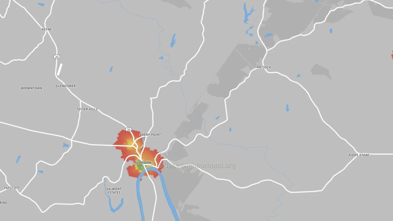 Walk Grade map of Scottsville, VA, walkable areas in green and car-dependent areas in red