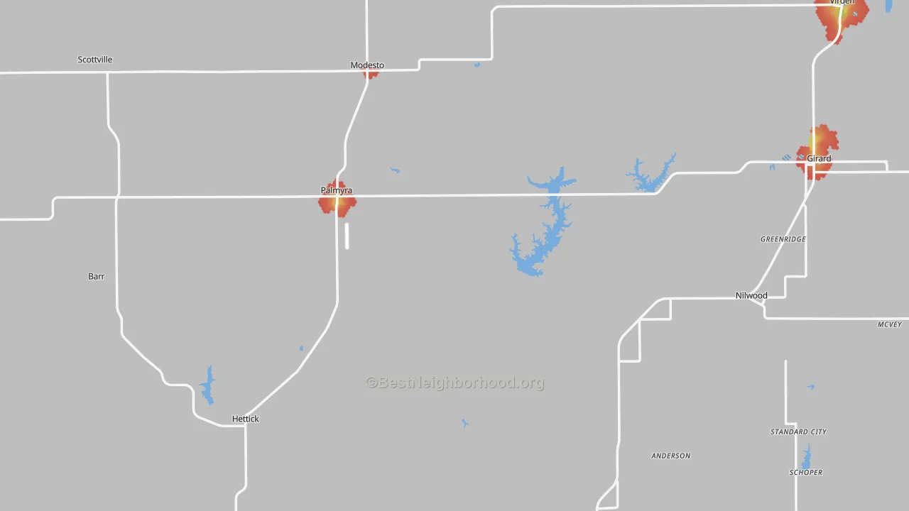 Walk Grade map of Scottville, IL, walkable areas in green and car-dependent areas in red