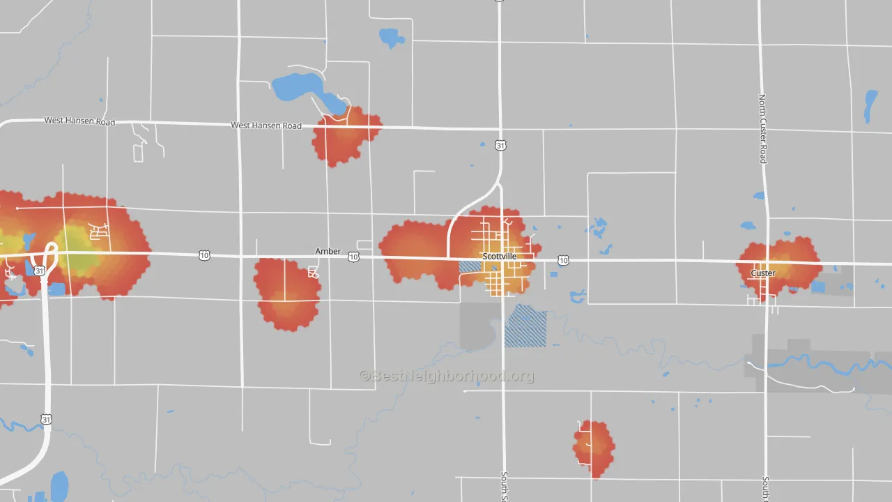 Walk Grade map of Scottville, MI, walkable areas in green and car-dependent areas in red