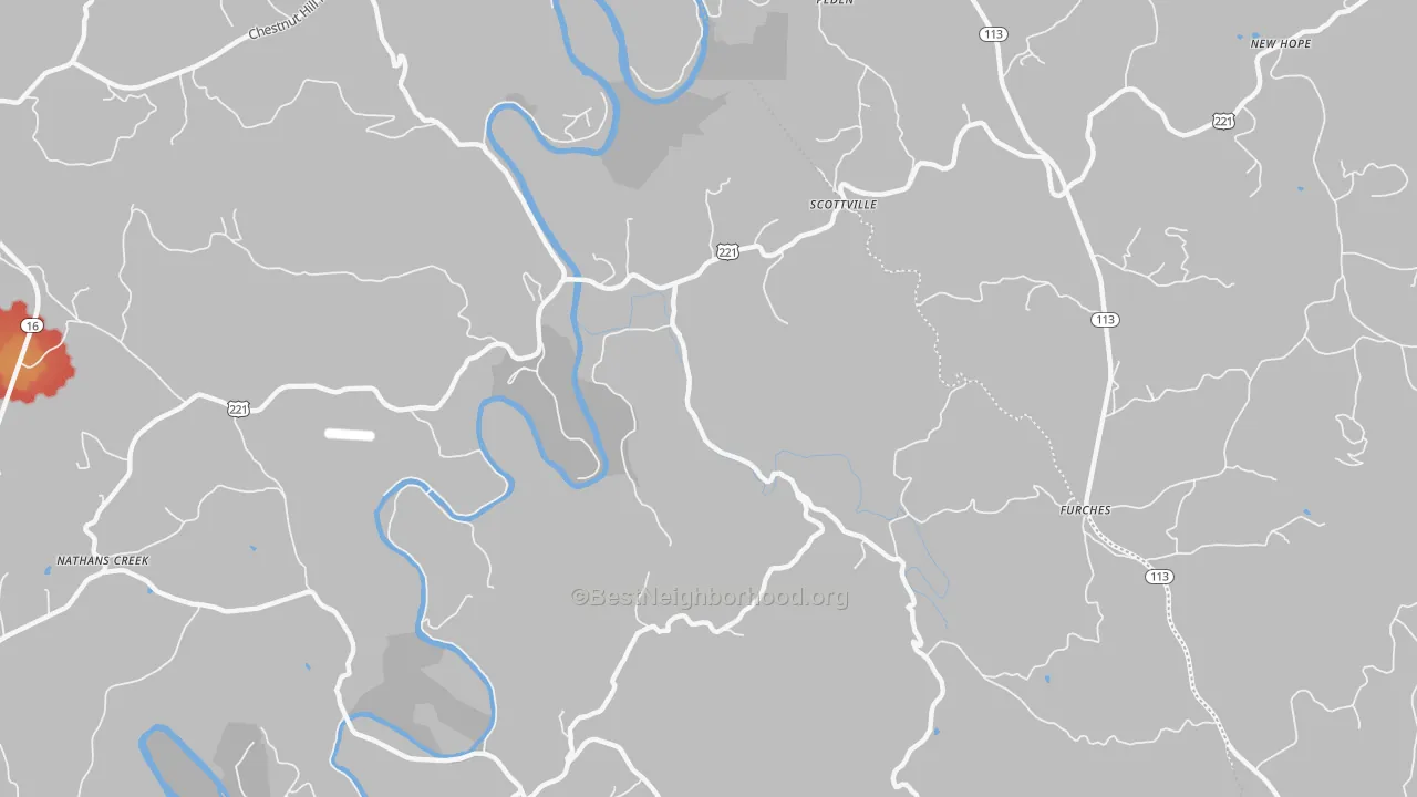 Walk Grade map of Scottville, NC, walkable areas in green and car-dependent areas in red