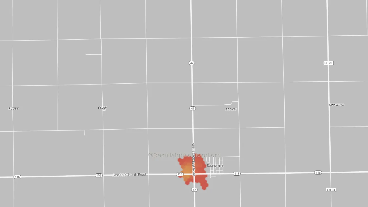 Walk Grade map of Scovel, IL, walkable areas in green and car-dependent areas in red