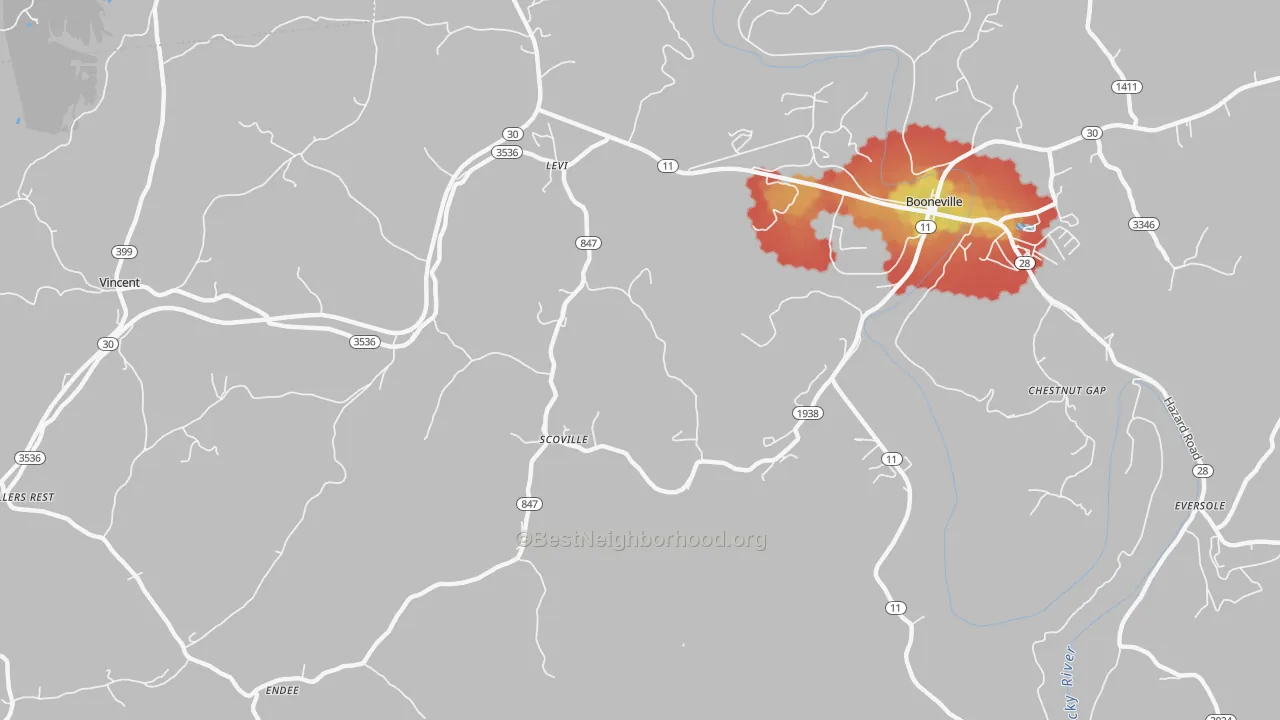 Walk Grade map of Scoville, KY, walkable areas in green and car-dependent areas in red