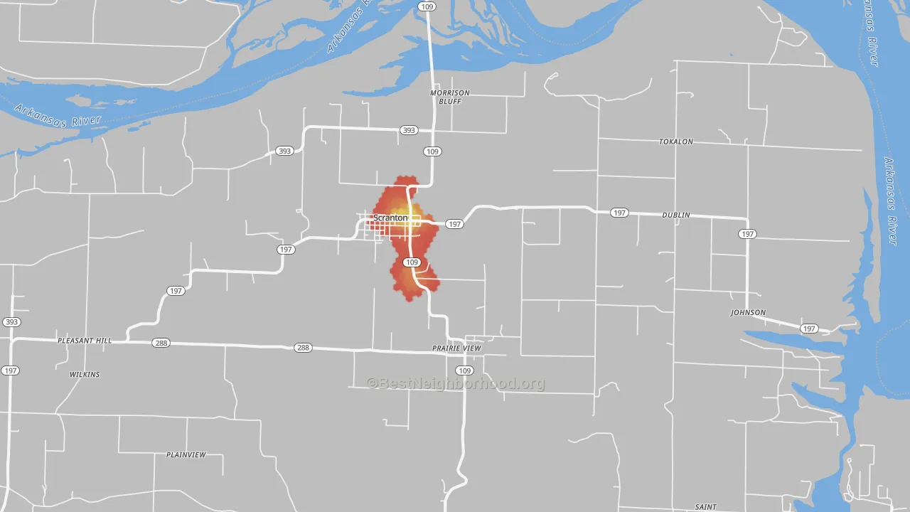 Walk Grade map of Scranton, AR, walkable areas in green and car-dependent areas in red
