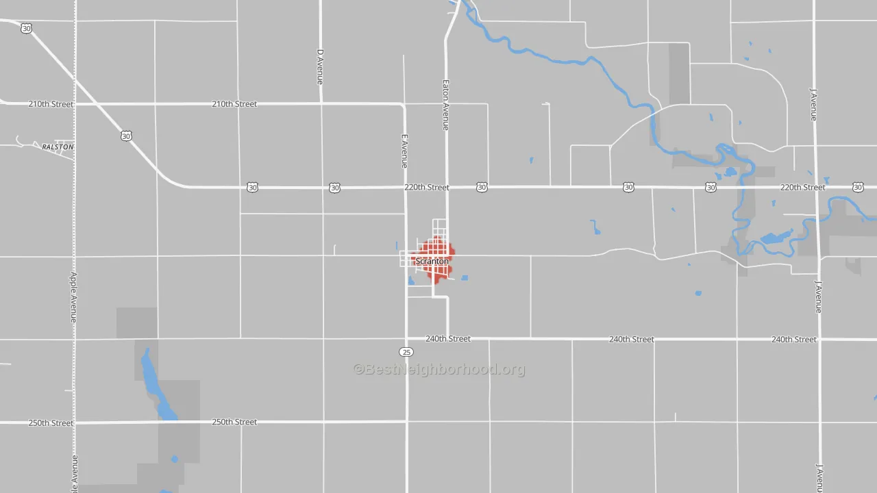 Walk Grade map of Scranton, IA, walkable areas in green and car-dependent areas in red