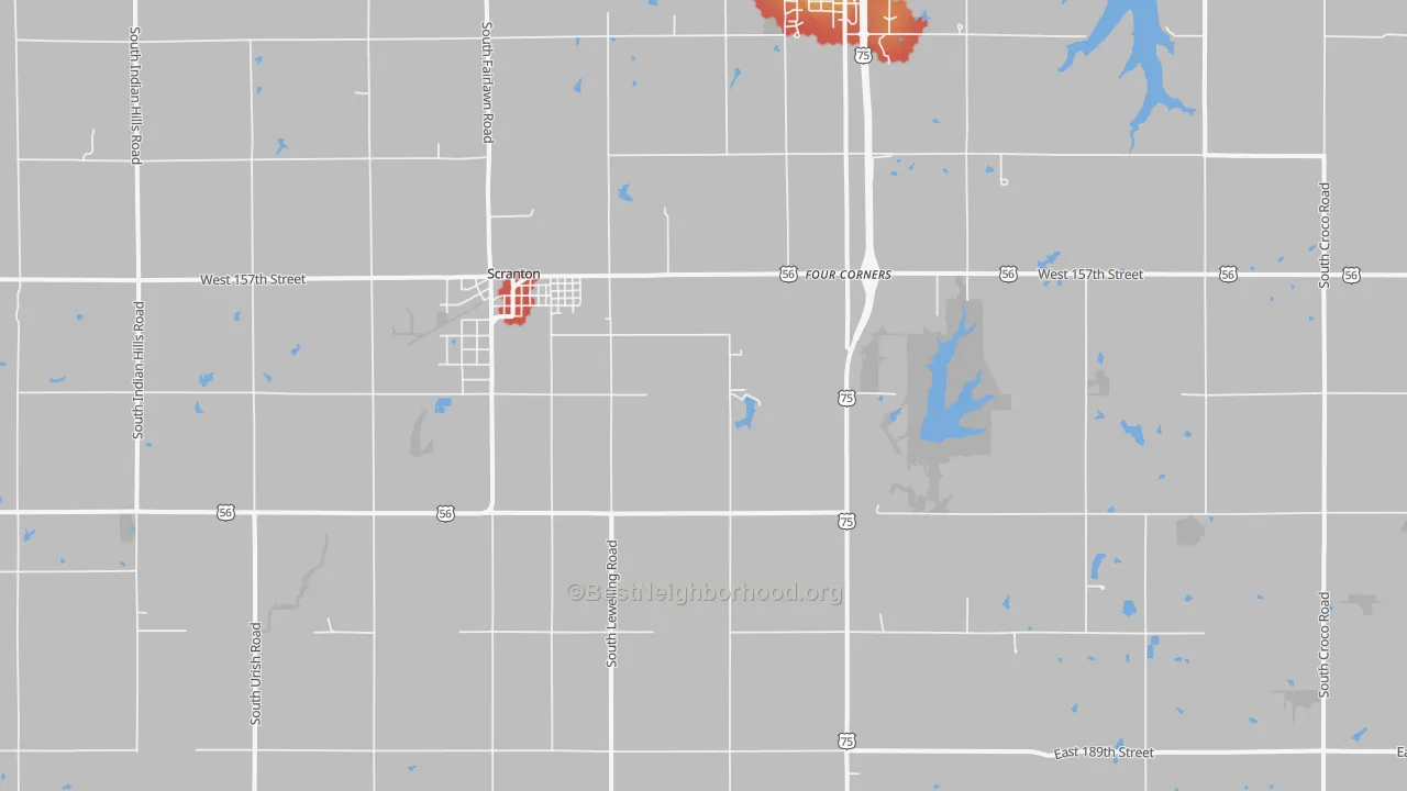 Walk Grade map of Scranton, KS, walkable areas in green and car-dependent areas in red
