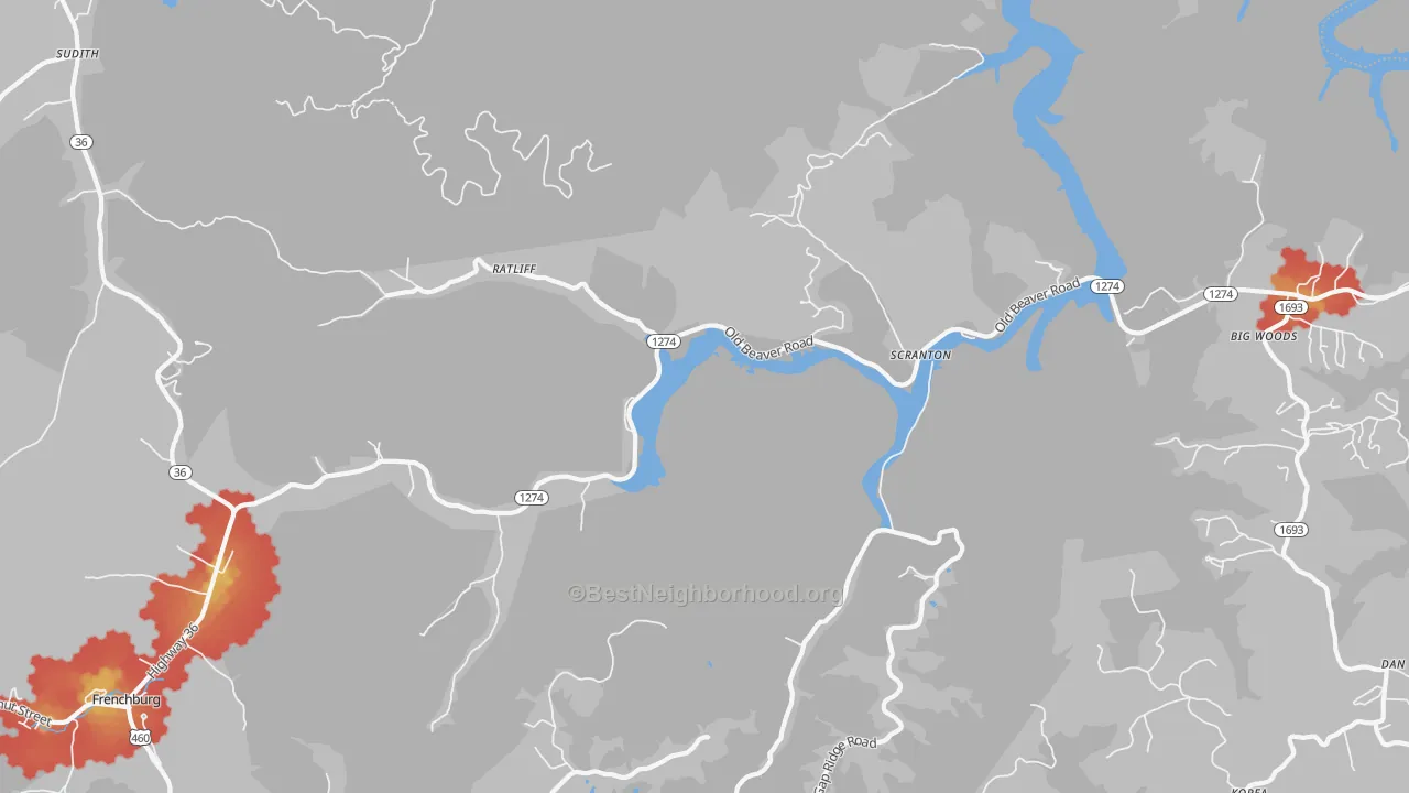 Walk Grade map of Scranton, KY, walkable areas in green and car-dependent areas in red
