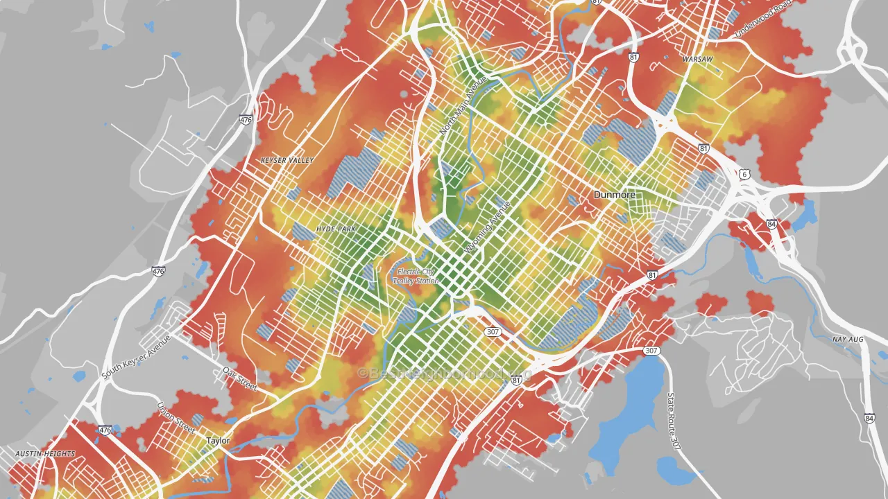 Walk Grade map of Scranton, PA, walkable areas in green and car-dependent areas in red