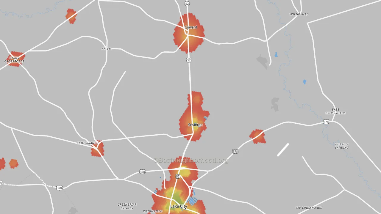 Walk Grade map of Scranton, SC, walkable areas in green and car-dependent areas in red