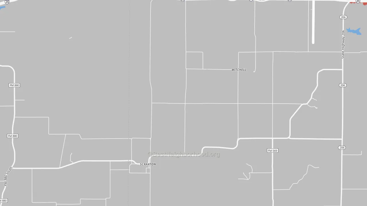 Walk Grade map of Scranton, TX, walkable areas in green and car-dependent areas in red