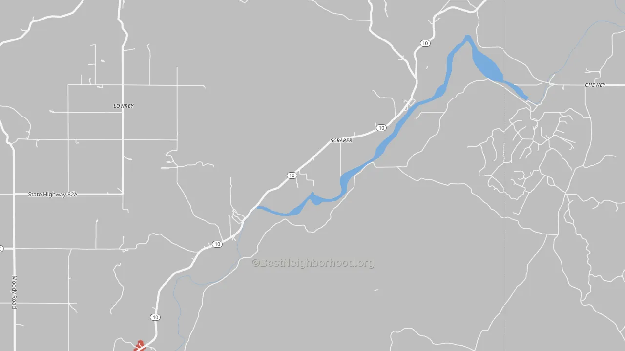 Walk Grade map of Scraper, OK, walkable areas in green and car-dependent areas in red