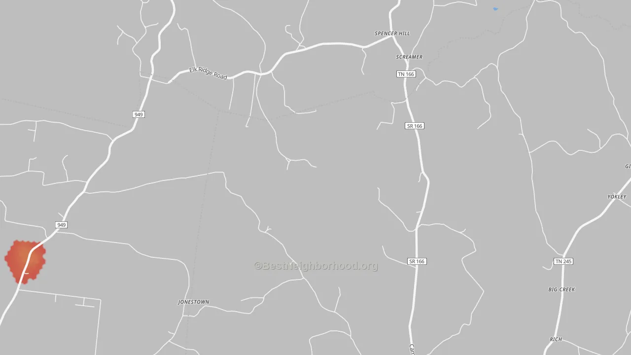 Walk Grade map of Screamer, TN, walkable areas in green and car-dependent areas in red