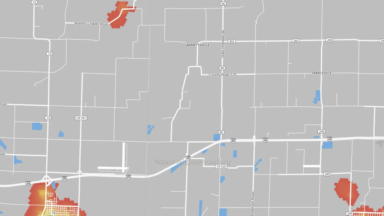 Walk Grade map of Screeton, AR, walkable areas in green and car-dependent areas in red