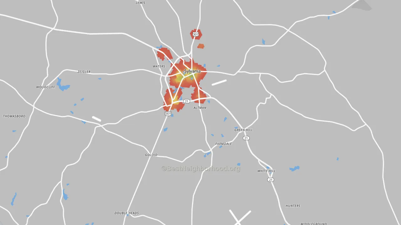 Walk Grade map of Screven County, GA, walkable areas in green and car-dependent areas in red