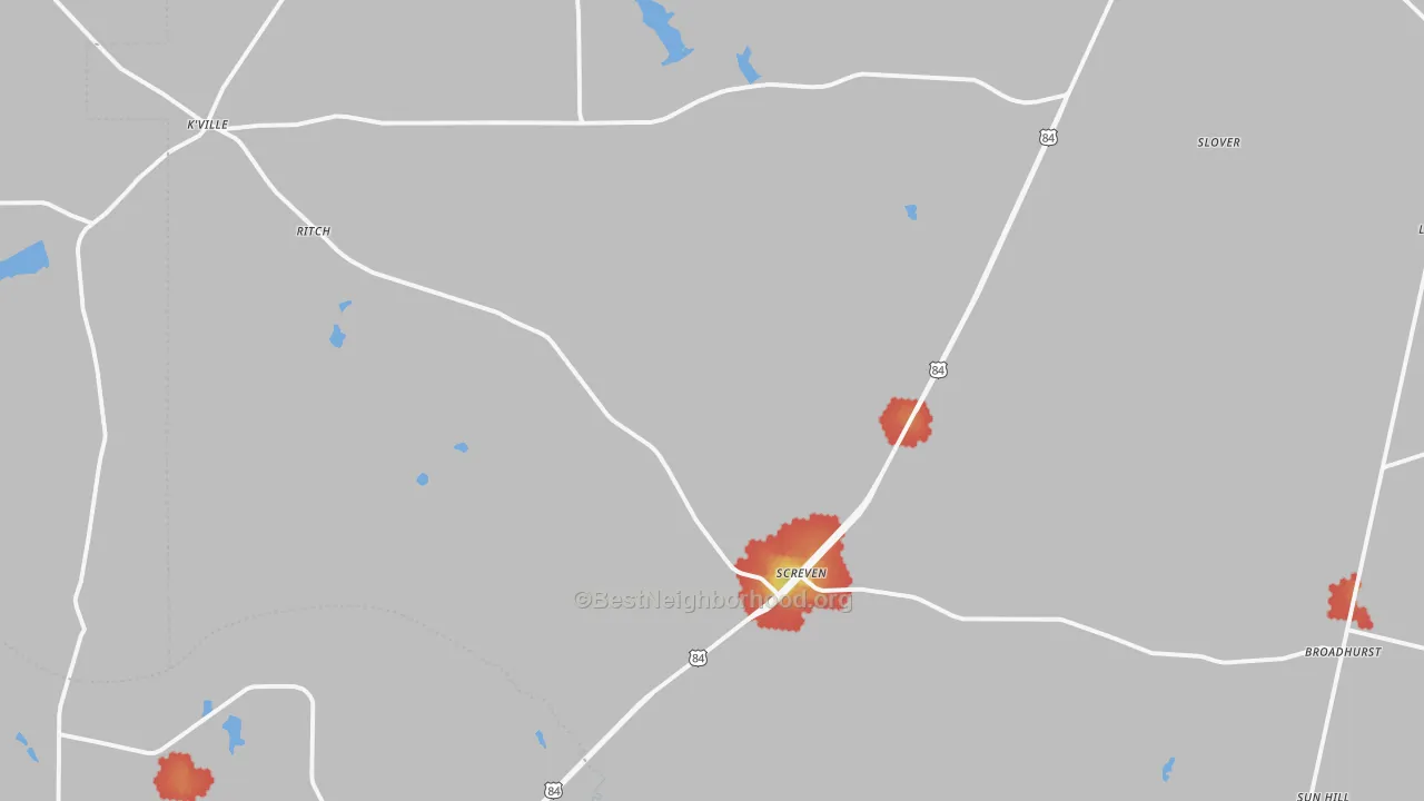 Walk Grade map of Screven, GA, walkable areas in green and car-dependent areas in red