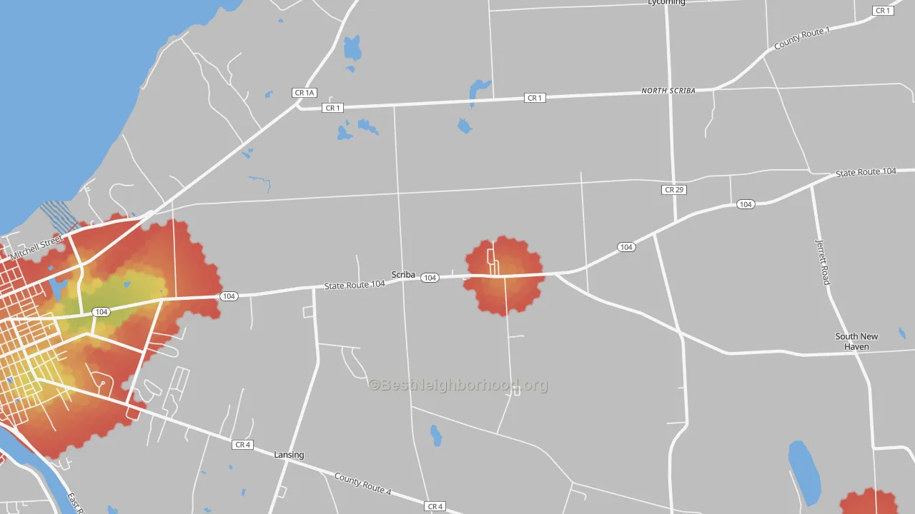 Walk Grade map of Scriba Center, NY, walkable areas in green and car-dependent areas in red