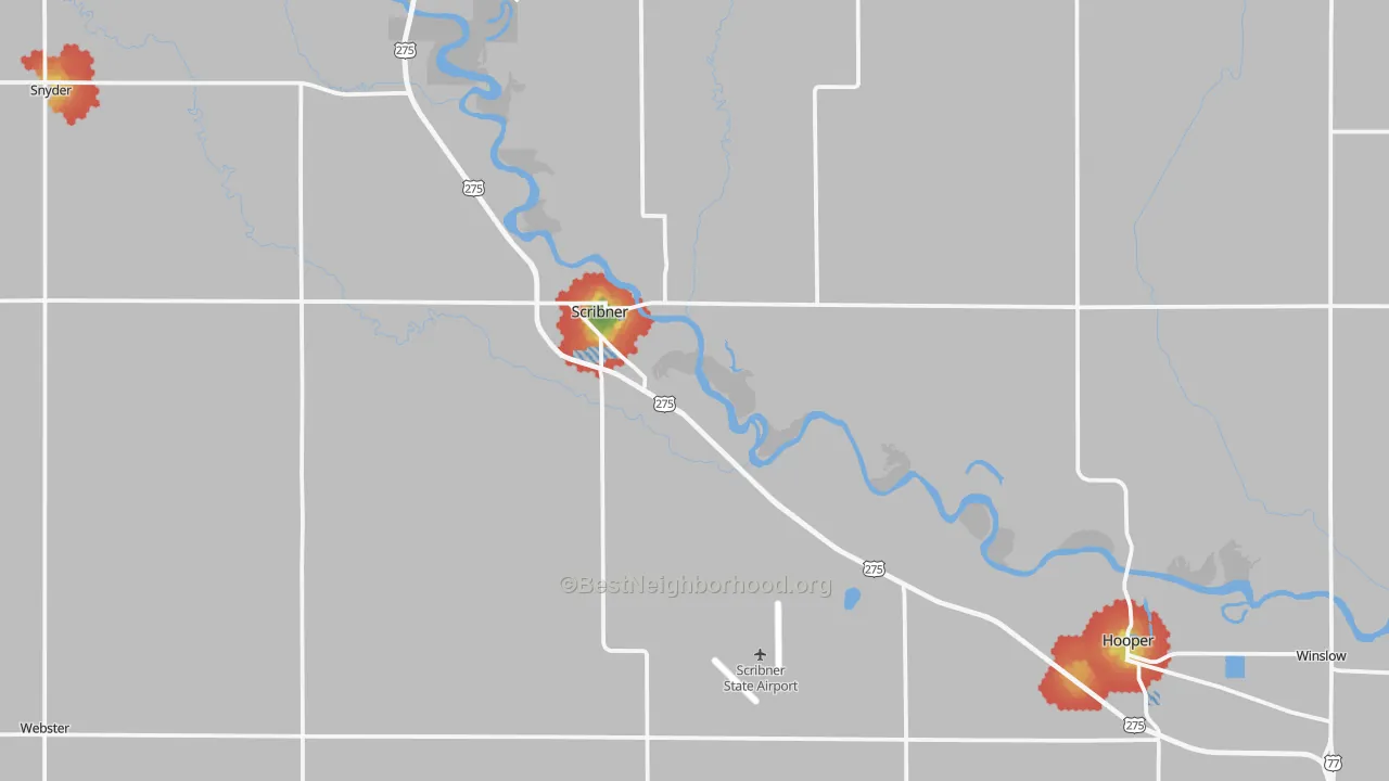 Walk Grade map of Scribner, NE, walkable areas in green and car-dependent areas in red