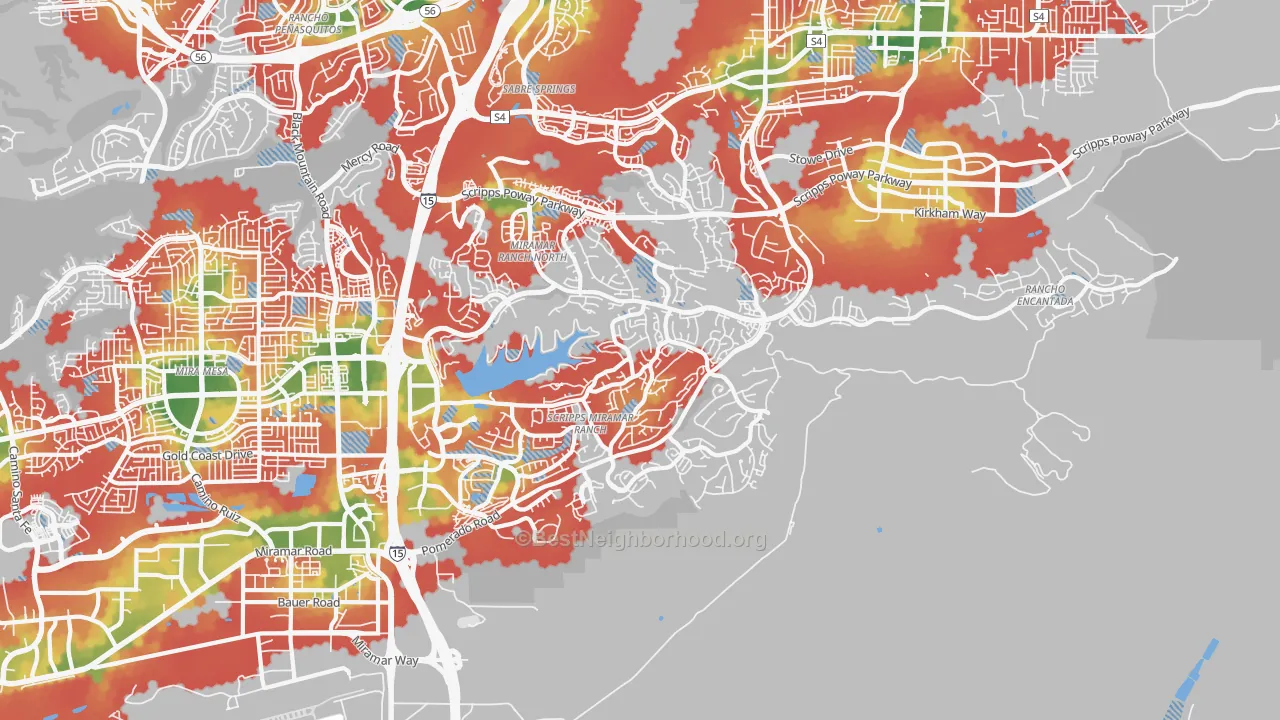 Walk Grade map of Scripps Ranch, San Diego, CA, walkable areas in green and car-dependent areas in red